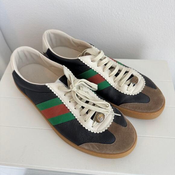 Gucci Web Leather Suede Sneakers Men’s Size 12.5 Luxury Designer Shoes - Picture 1 of 11